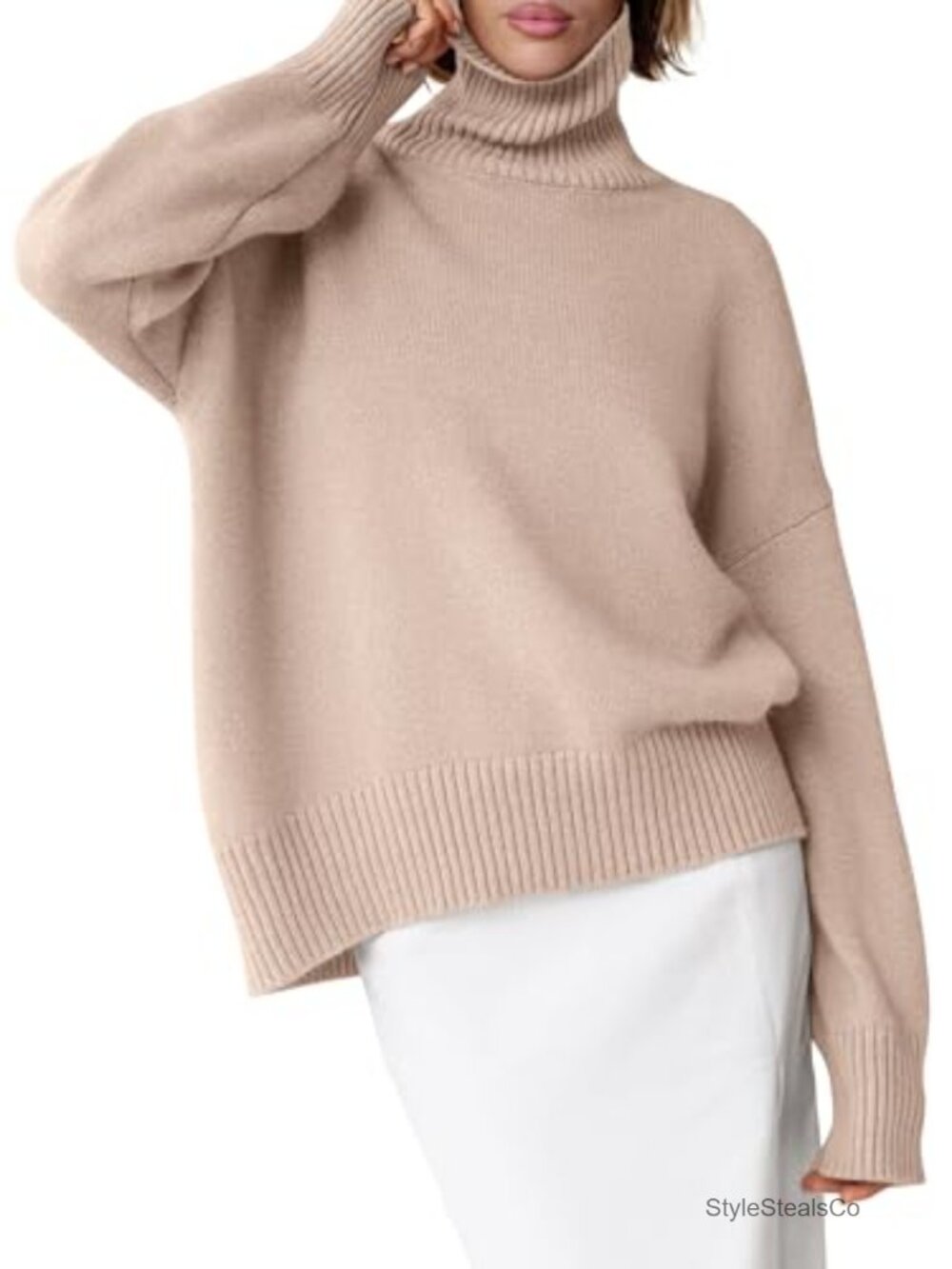 Oversized Turtleneck Long Sleeve Knit Sweater High Low Hem Pullover